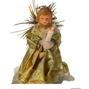 Vintage Lighted Porcelain Angel Christmas Tree Topper Ornament Tinsel Wings Gold